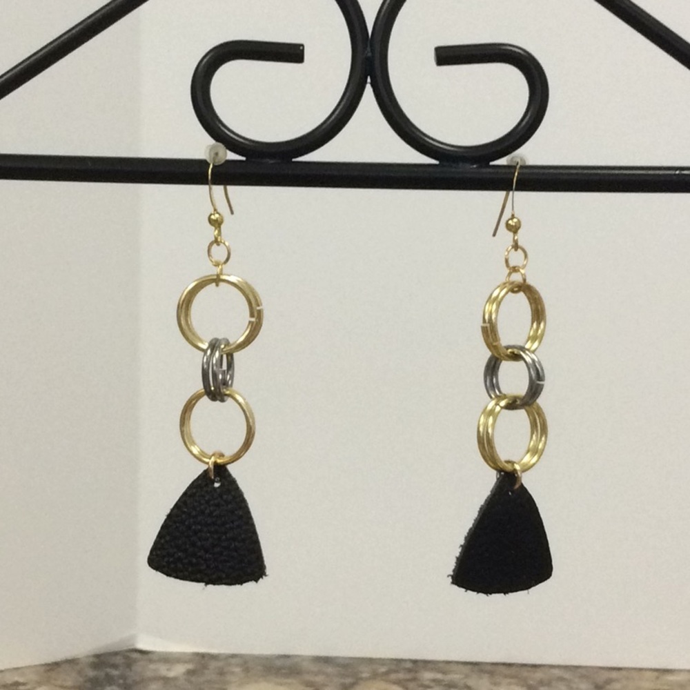 14K Gold & Black Leather Earrings